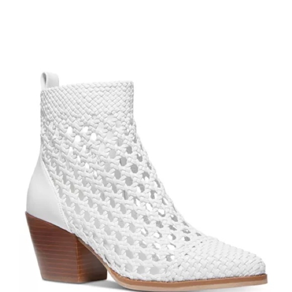 Michael Kors Augustine Woven Ankle Bootie White Leather Cutout Block Heel 6.5 - Picture 4 of 5